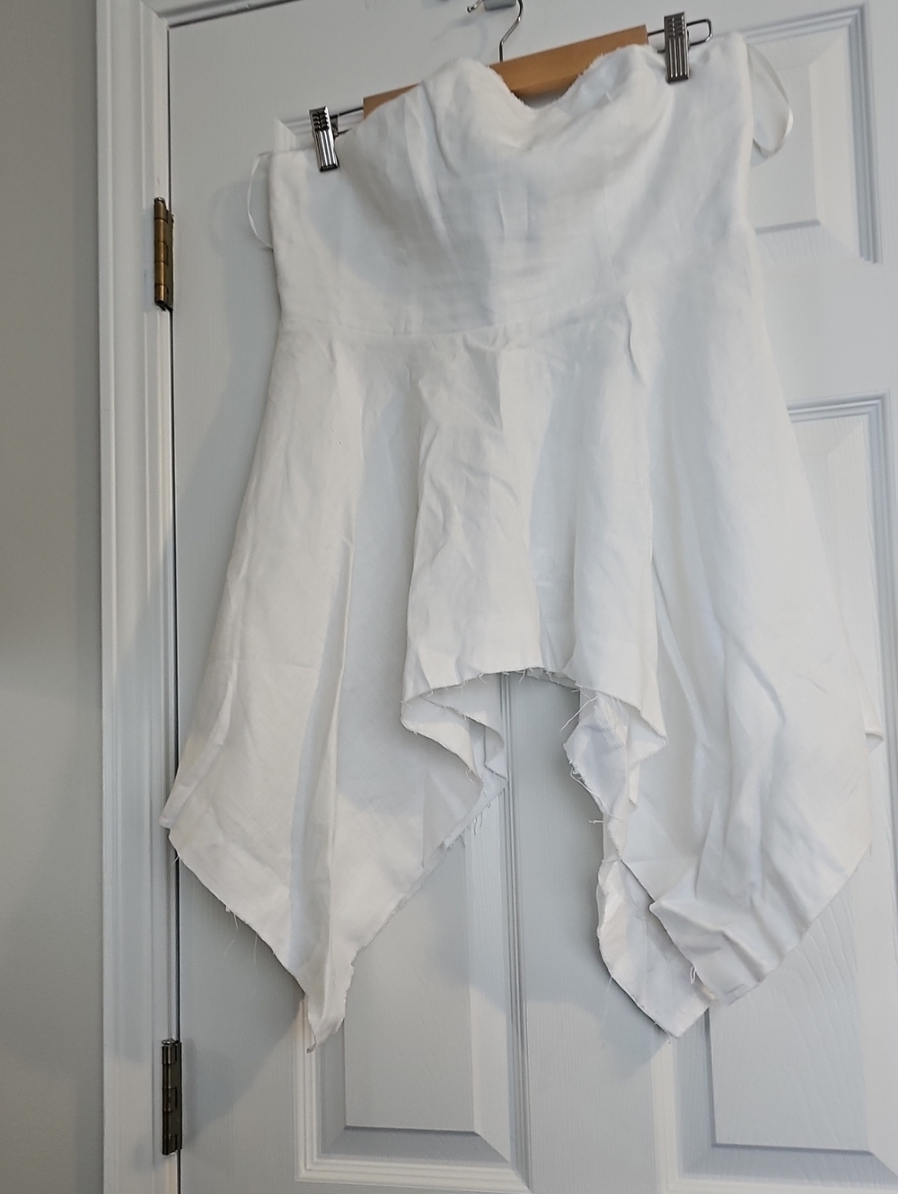DISSH White Asymmetrical Handkerchief Hem Strapless Linen Top